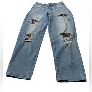 INCDenim boyfriend distressed jeans with animal hide design patches
